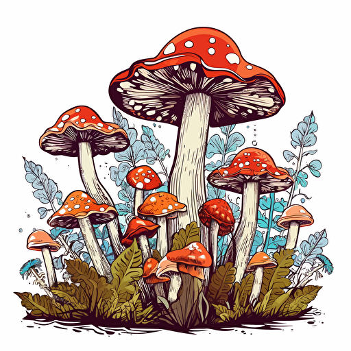 group of mushroom, floral style, vector art, white background