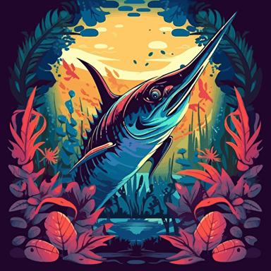 Atlantic Striped Marlin in the jungle, jungle plant motifs surrounding the Marlin, 2d vector, neon colours, epic composition, vector design on the edges of the image
