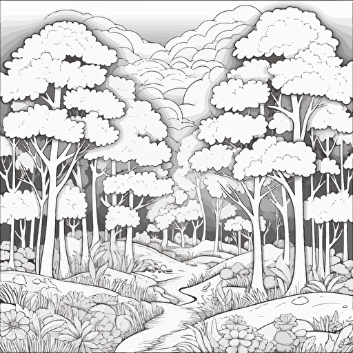 2d illustration, simple vector wonderful forest coloring page