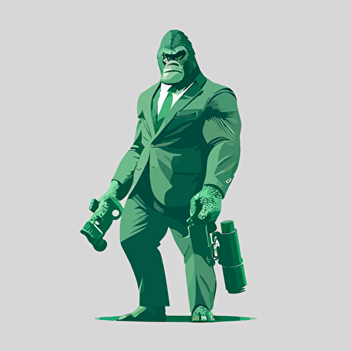 vector illustration of a gorilla in a green tuxedo and a machine gun