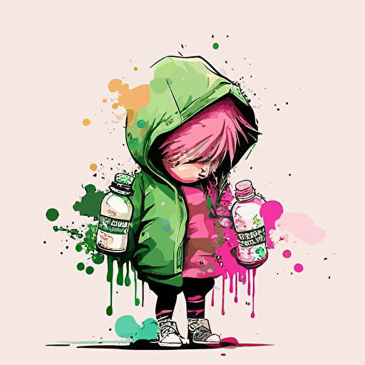 Splashy, pink, green, kid, holding pills bottles in hands, depressed, sad, crying, vector illustration