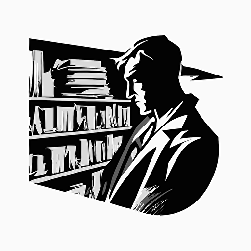 vector, logo, for a bookstore, a mysterious man reading a book, black and white
