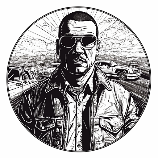 designed as a black and white gta style drawing, vector art, hd, details with circle