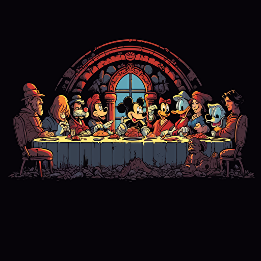 Disney cartoons last supper. Uhd. 16k. Vector image. Black background. Ink drips.
