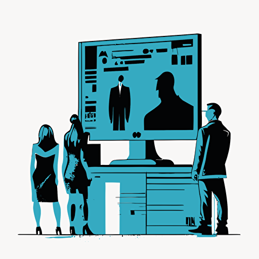 A minimalistic flat vector illustration of people buying in front of a computer, style: vector, iconic, ssilhouettes, only blue and black tones.