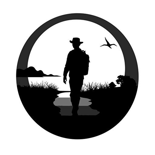 vector logo of a hitchhiker walking away to the horizon, black and white, silhouette
