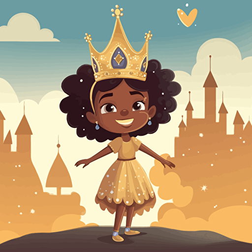 Vector Illustration of a beautiful, happy, light skin hue black little Girl Princess standing, no expression or emotion , wearing a golden crown with diamonds and sapphires.