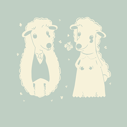Vector art of a sheep dressed as bride standing next to a sheep dressed as a groom, in the style of Britta Teckentrup illustrations, cute
