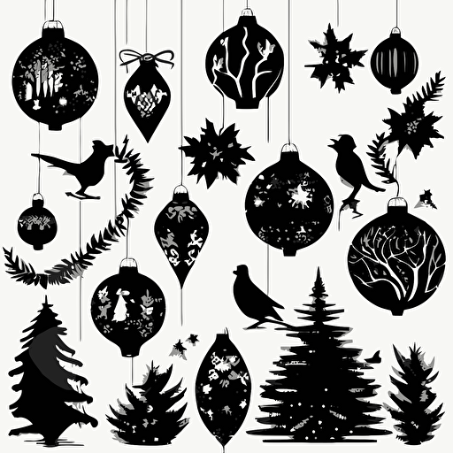 set of vector illustration of black silhouettes of different christmas ornaments, white background