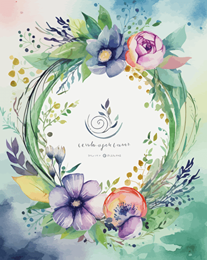 sober wedding invitation, with a littlee circle of stylized flowers, spring style, logos vector style, aquarellestyle