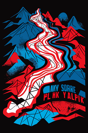 abstract hiking map, blue, red and white colors, pop art deco illustration, hand vector art, black background,