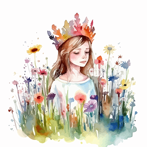 young girl wearing a beautiful crown made of spring flowers in a meadow, detailed, cartoon style, 2d watercolor clipart vector, creative and imaginative, hd, white background