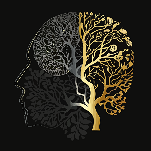 brain, tree of life, silver and gold , black background, no text, vector logo