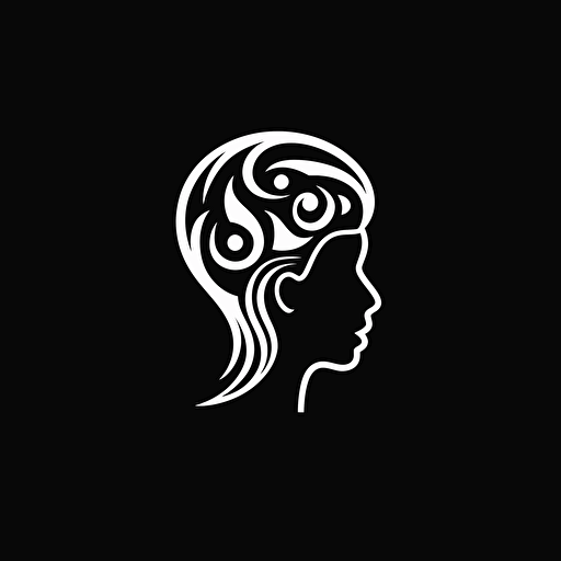 pictorial iconic logo of a sculpted mind, white vector, on black backgroung