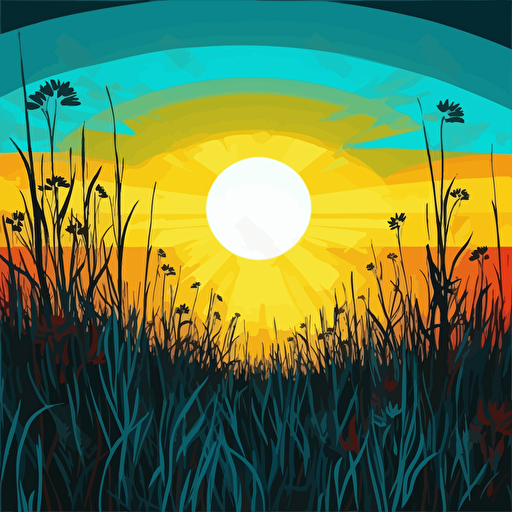 rural field of tall grass, blue sky, sun on the horizon, sunset, vectoral art, 60s pop art,