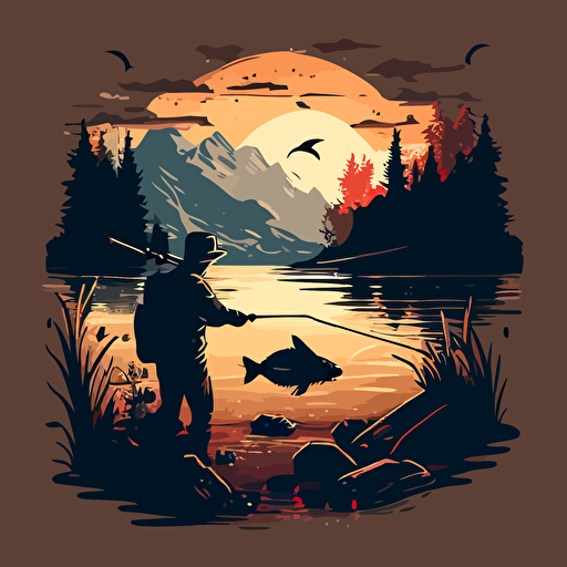 vector, fisherman reeling a fish, lake, morning ar9:11