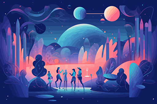 cool night club party on a fictional planet, vector art, flat colors, pastel colors, minimalistic,