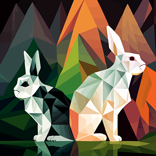 a true friendship: white rabbit and a black and white racconn, vector, low polygon, symmetric, colorful, florest in the background
