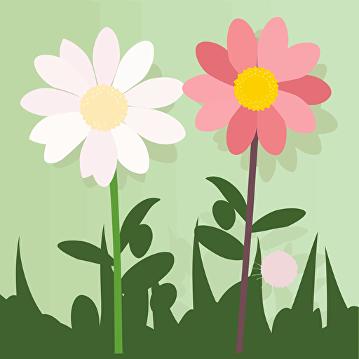 two flowers in a garden. One has big petals and one has small petals. Vector illustration