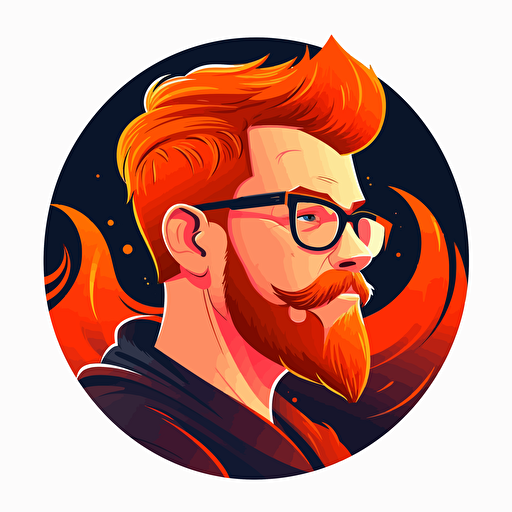 a short hair, red beard man, with glasses, looking aside, logo, rounded, vector