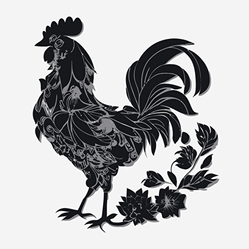 rooster made of flowers, Sticker, Adorable, Dark, kinetic art style, Contour, Vector, White Background, Detailed
