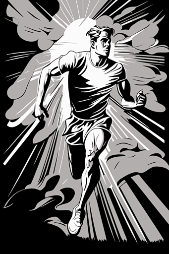 abstract outdoor jogging man, grey and white colors, pop art deco illustration, hand vector art, black background,