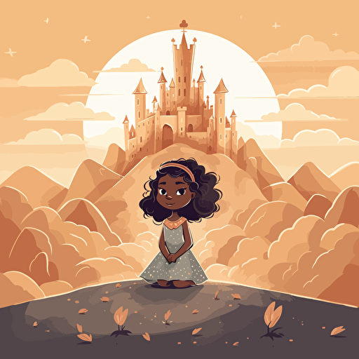 Vector Illustration of a beautiful castle on a hill, in a faraway land where the beautiful, happy, light brown skin tone little Girl Princess lives. She wears a golden crown with diamonds and sapphires.