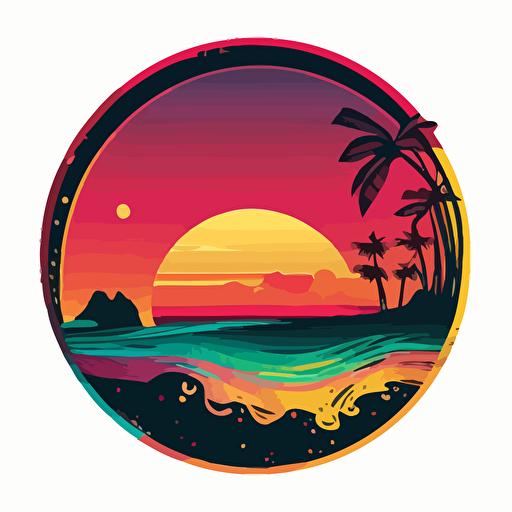 Retro sunset beach view, primary sunset colors in round silhouette melting at the bottom of the image, flat image, vector style
