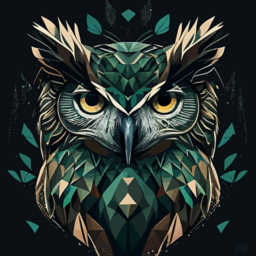Forestpunk owl faces the brand's logo, geometric, simple, no vector shading details