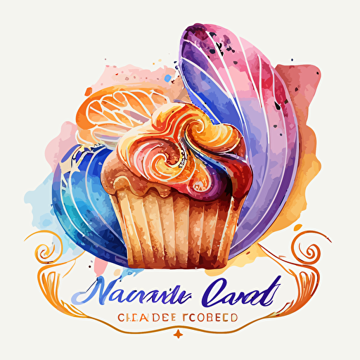vector logo featuring baked goods such as a cake, a loaf of bread and a cookie, 5 vibrant watercolor colours, elegant, in the style of art nouveau against a white background