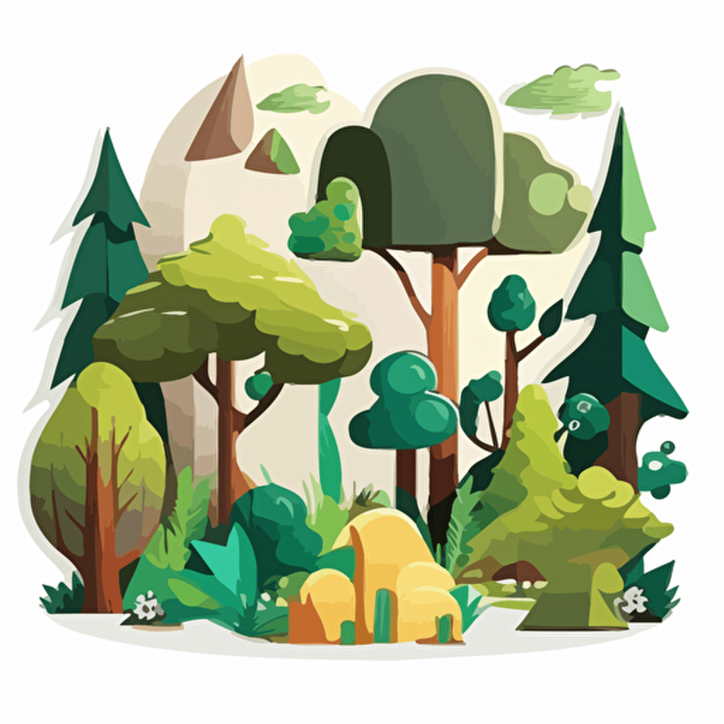 cartoon forest, sticker, vector, white background