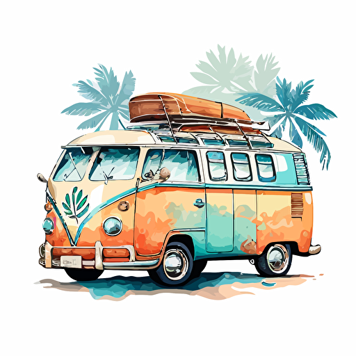 a watercolor disney style vector illustration of a Hawaiian themed volkswagon bus with a surfboard on the roof, turquoise, blue and orange with a white background