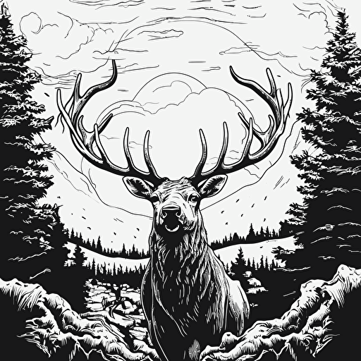 illustrated elk bowing head in contemplation, black and white vector, simple, ::woodblock style