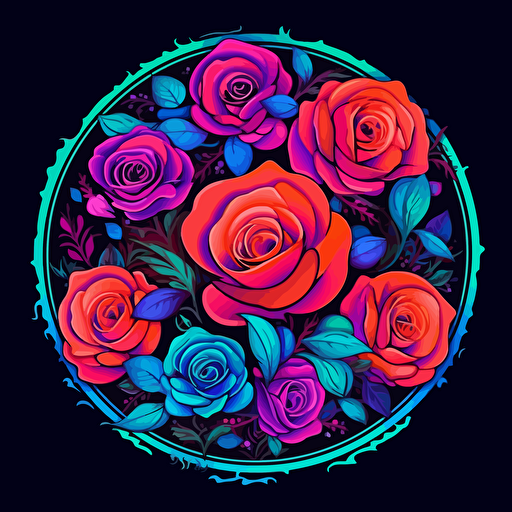 roses, surrounded by leaf motifs in a circluar shape, 2d vector, neon colors, vector design on the edges of the image