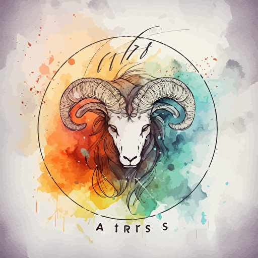 vector line drawing of aries symbol, with multicolor, watercolor background.