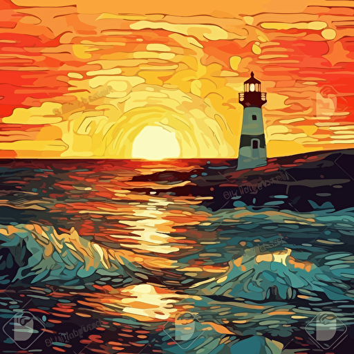 Abstract sunset, new england seacoast beach, ocean, Lighthouse offf in the distance, rex ray + van gogh style, vector design, HDR