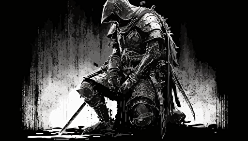 black and white vector, kneeling armored knight, kneeled resting on sword, scratched armor, grunge, closeup action shot, anime, dynamic,