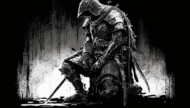 black and white vector, kneeling armored knight, kneeled resting on sword, scratched armor, grunge, closeup action shot, anime, dynamic,
