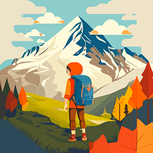 vivid flat vector art of a boy on a journey in the mountains