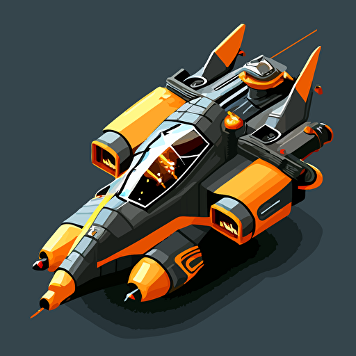 futuristic space ship from the Gunstar universe, top down, isometric, orange and grey, black background, minimalistic, vector