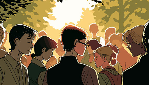 Vector Art, WIDE ANGLE shot with considerable depth of field between the foreground and background. The Sun is starting to set on a warm summer day. Soft, richly colored image focusing on a small group of modern day Christians of all ages and genders, who've gathered casually to pray, They are attired for the summer. They are huddled together, with heads bowed, praying and holding each other's hands facing the beautiful sun as it begins to set on the horizon.