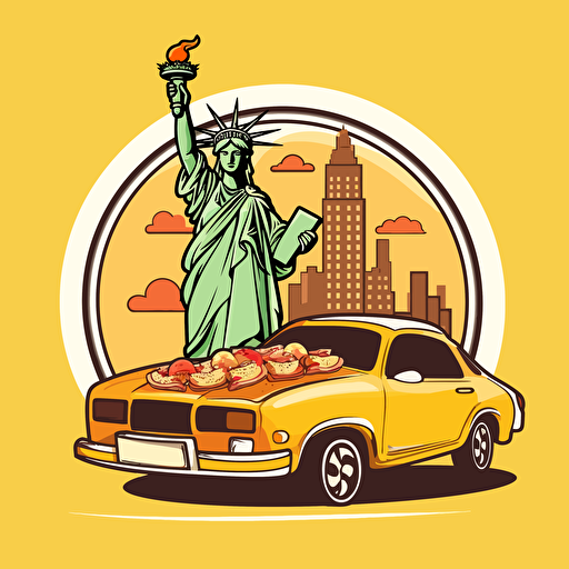 New York City: A cartoon Statue of Liberty holding a slice of pizza and a cup of coffee, with a yellow taxi in the background, sticker, vector art.