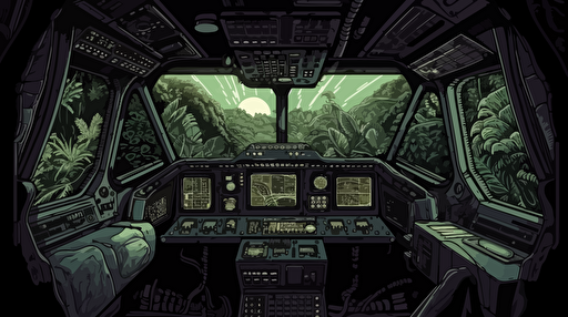 the spaceous cockpit inside a space shuttle that just landed on a foreign jungle planet, complex computers and data instruments line the walls, you can see parts of the jungle planet looking outside of the windows in the cockpit, vector illustration