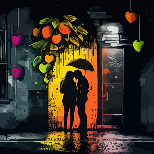 Sway with me, couple, love, one juicy exotic fruit, urban night scenery, distorted, dimmed lights, depth of field, rough, textured, grainy surface, dusty, vector, desaturated colour drips, graffiti, artificial, highres