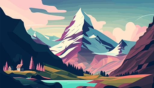 atmospheric Switzerland mountain landscape vector art, cute, pretty, shapes, Zermatt, , light pinks blues, and greens,