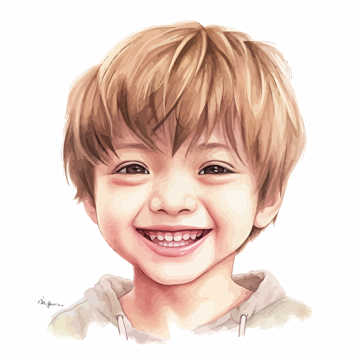 White background, color Pencil sketch by Leng Junm, head, big eyes, vector of a cute happy, a boy::2, smile,