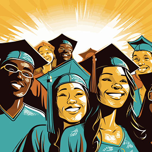Vector illustration of college school students at their graduation at school, with smile,wide shot, all races, in vivid colors