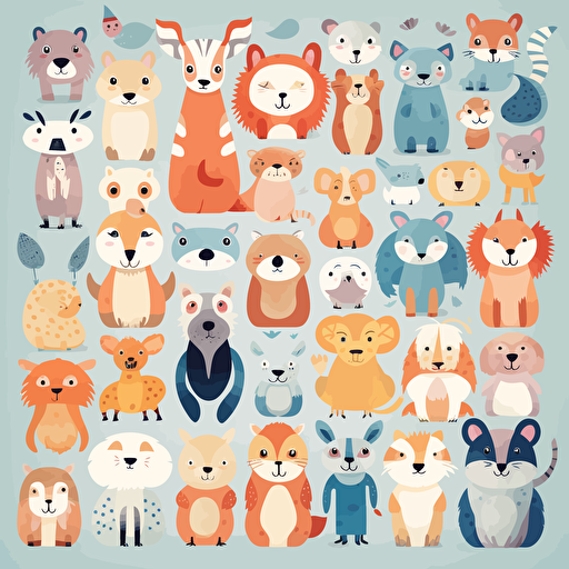 100 cute, smiling vector illustration animals, pastel color