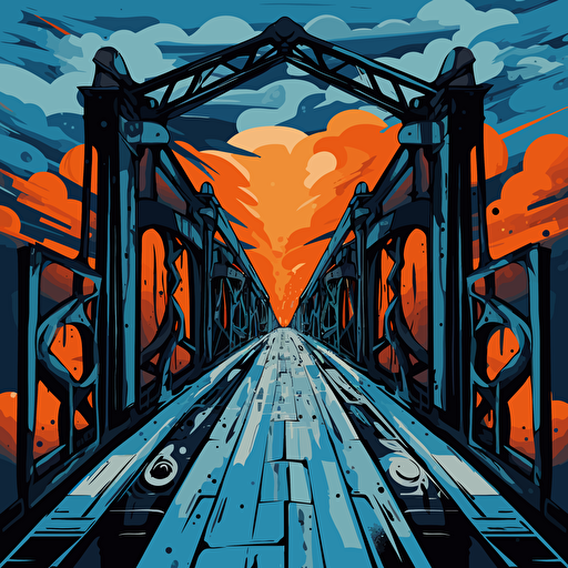 a vector image of a bridge connecting to a prison, blue and orange and dark gray, graffiti style