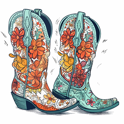 adorable brightly colored pair of cowboy boots with floral design on a white background + doodle style + white background + simple vector + bright colors